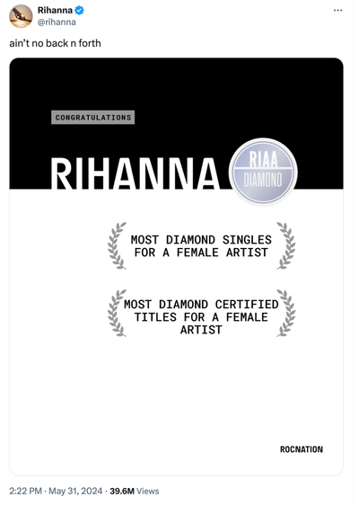 Rihanna Sets Record For Most Diamond Singles By A Female Artist