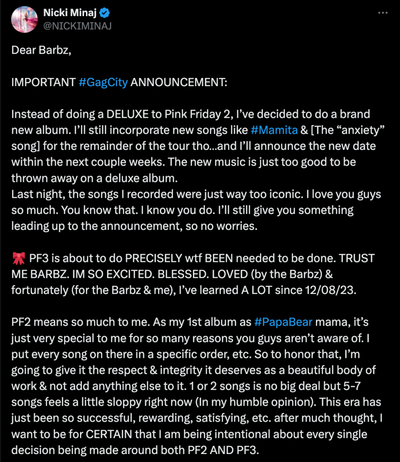 Nicki Minaj Announces ‘Pink Friday 3’ Album Instead Of Promised ‘PF2’ Deluxe Project